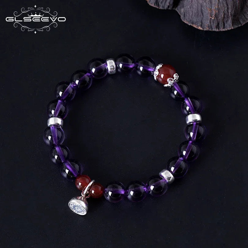 GLSEEVO 925 Sterling Silver Women Bracelet Natural Stone Amethyst Agate Gift Adjustable Bracelets Luxury Fine Jewellery GB0070 - Shello's Creative Boutique