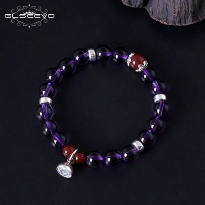 GLSEEVO 925 Sterling Silver Women Bracelet Natural Stone Amethyst Agate Gift Adjustable Bracelets Luxury Fine Jewellery GB0070 - Shello's Creative Boutique