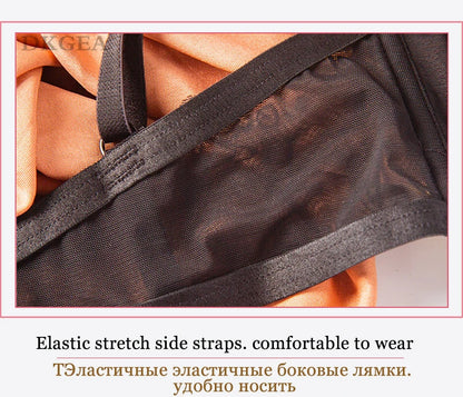 DKGEA Black Bandage Push-Up Bra & Brief Set – Sexy Deep V Floral Embroidered Lingerie for Women (B–D Cup, Sizes 70–95)