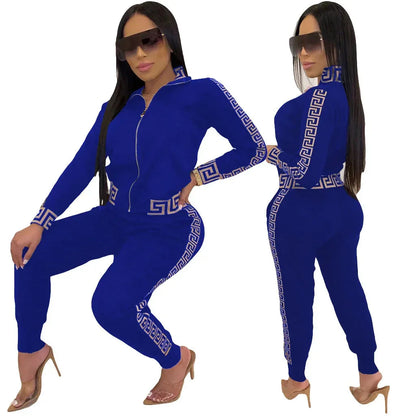 Y2K Greek Fret Print Tracksuit - Elegant 2-Piece Coat & Jogger Set (Plus Size Available) - Shello's Creative Boutique