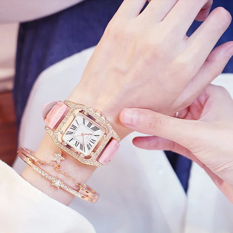 Women Diamond Watch Starry Square Dial Bracelet Watches Set Ladies Leather Band Quartz Wristwatch Female Clock Zegarek Damski - Shello's Creative Boutique