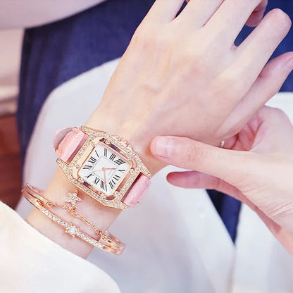 Women Diamond Watch Starry Square Dial Bracelet Watches Set Ladies Leather Band Quartz Wristwatch Female Clock Zegarek Damski - Shello's Creative Boutique