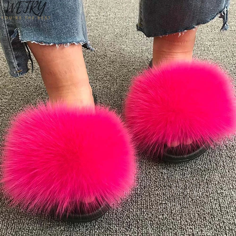 Women's Winter Fox Fur Slippers - Luxury Indoor Fluffy Slides