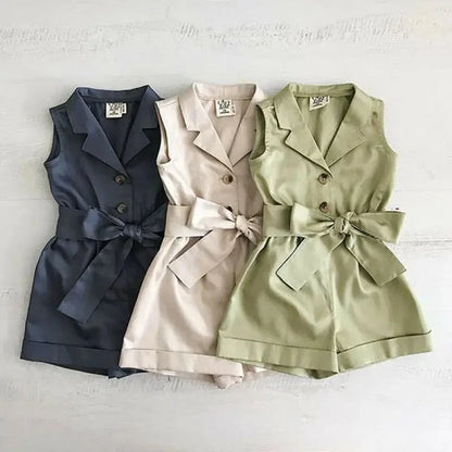 Pudcoco Summer Bow-Tie Romper Set – Baby Girls’ Sleeveless Playsuit Outfit with Turn-Down Collar - Shello's Creative Boutique