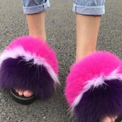 Women's Winter Fox Fur Slippers - Luxury Indoor Fluffy Slides
