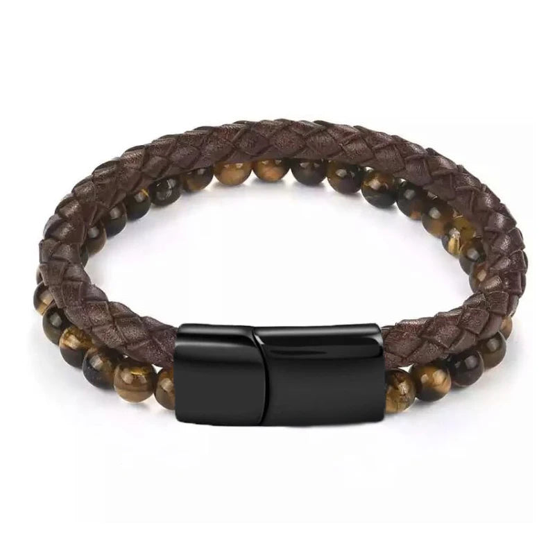 Men's Magnetic Volcanic Stone & Leather Charm Bracelet – Stainless Steel Beaded Bangle