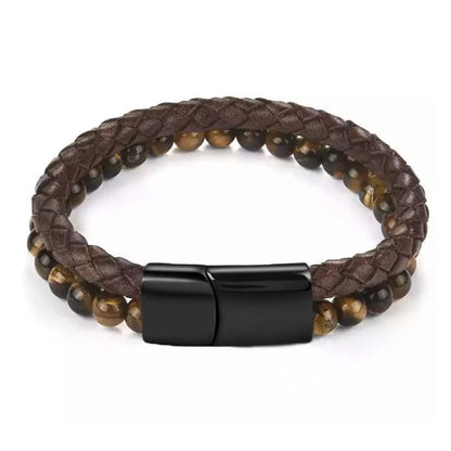 Men's Magnetic Volcanic Stone & Leather Charm Bracelet – Stainless Steel Beaded Bangle