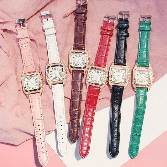 Women Diamond Watch Starry Square Dial Bracelet Watches Set Ladies Leather Band Quartz Wristwatch Female Clock Zegarek Damski - Shello's Creative Boutique