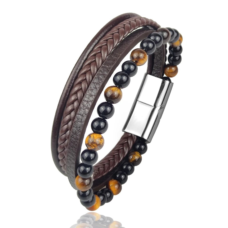 Men's Magnetic Volcanic Stone & Leather Charm Bracelet – Stainless Steel Beaded Bangle