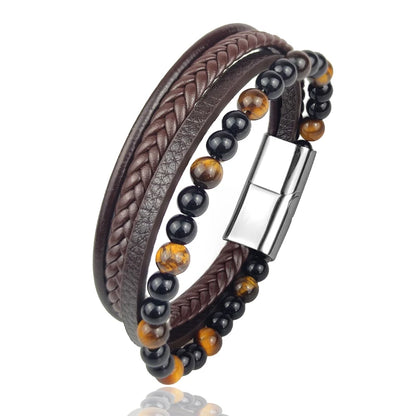 Men's Magnetic Volcanic Stone & Leather Charm Bracelet – Stainless Steel Beaded Bangle