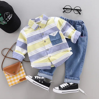 Fashion baby boys clothes spring children clothing gentleman baby boy striped shirt+jeans 2pcs set Newborn baby boy clothes - Shello's Creative Boutique