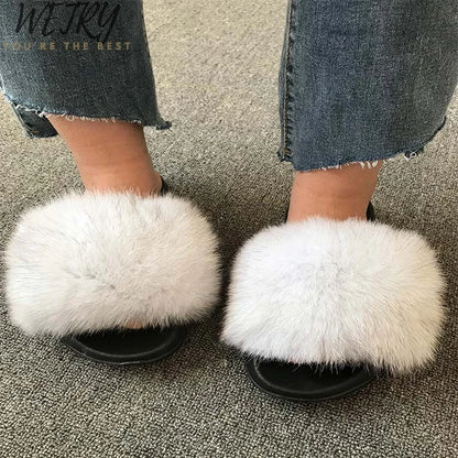 Women's Winter Fox Fur Slippers - Luxury Indoor Fluffy Slides