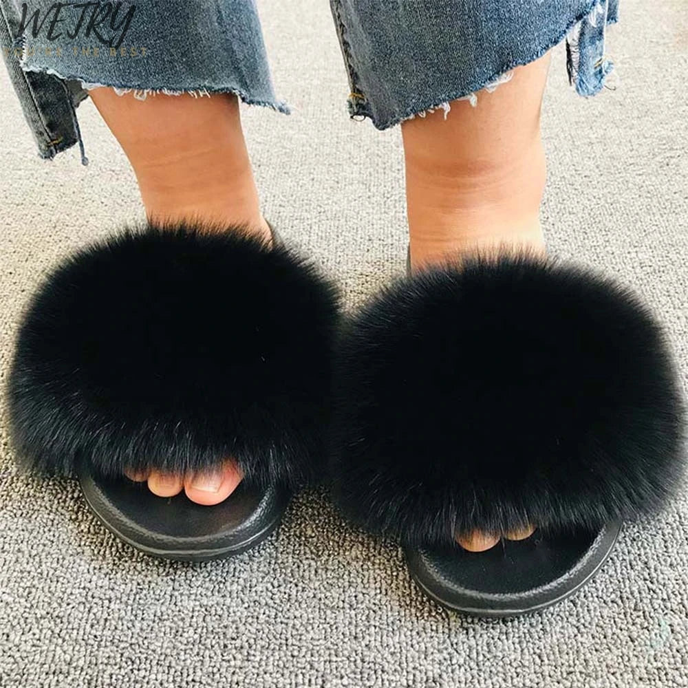 Women's Winter Fox Fur Slippers - Luxury Indoor Fluffy Slides