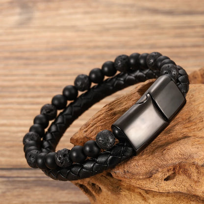 Men's Magnetic Volcanic Stone & Leather Charm Bracelet – Stainless Steel Beaded Bangle