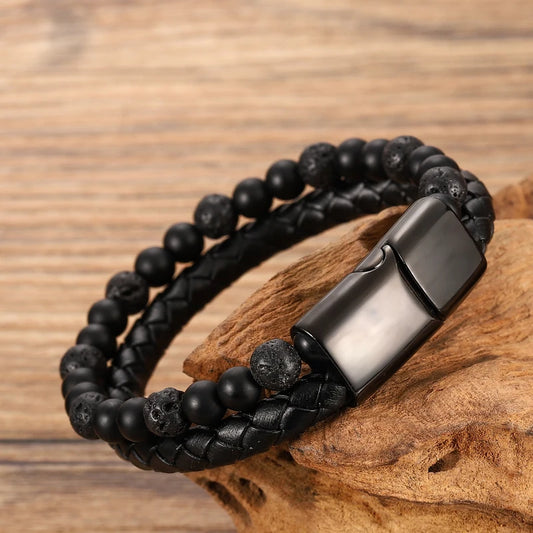 Men's Magnetic Volcanic Stone & Leather Charm Bracelet – Stainless Steel Beaded Bangle