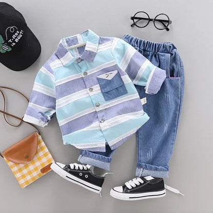 Fashion baby boys clothes spring children clothing gentleman baby boy striped shirt+jeans 2pcs set Newborn baby boy clothes - Shello's Creative Boutique
