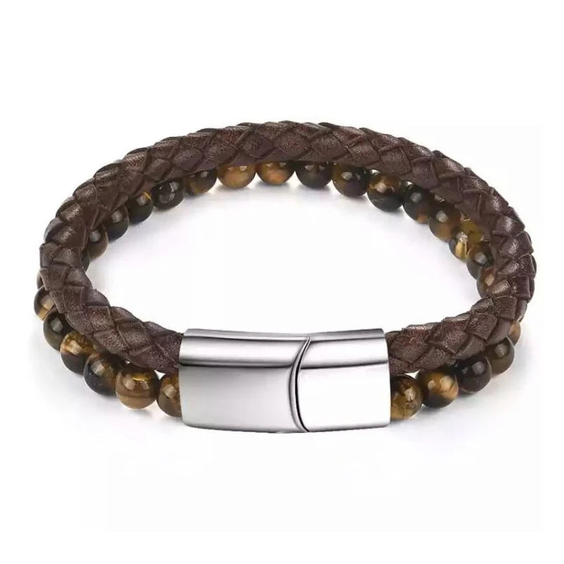 Men's Magnetic Volcanic Stone & Leather Charm Bracelet – Stainless Steel Beaded Bangle