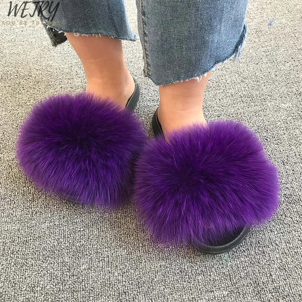 Women's Winter Fox Fur Slippers - Luxury Indoor Fluffy Slides