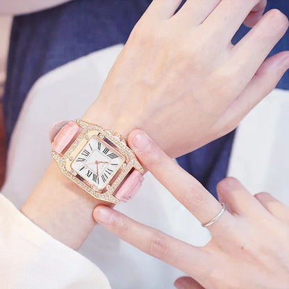 Women Diamond Watch Starry Square Dial Bracelet Watches Set Ladies Leather Band Quartz Wristwatch Female Clock Zegarek Damski - Shello's Creative Boutique