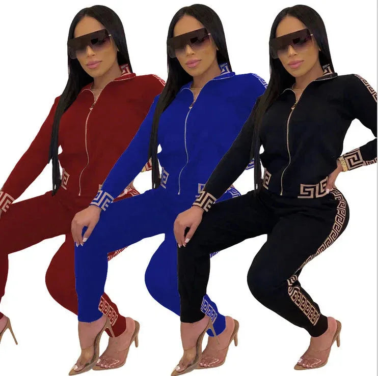 Y2K Greek Fret Print Tracksuit - Elegant 2-Piece Coat & Jogger Set (Plus Size Available) - Shello's Creative Boutique