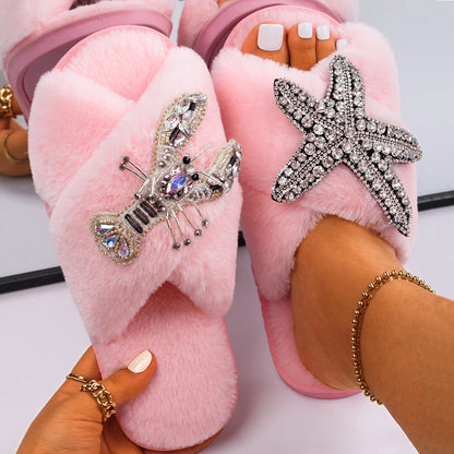 Women's Fur Slides - Fluffy Cross Strap Slippers with Starfish Lobster Decor - Shello's Creative Boutique