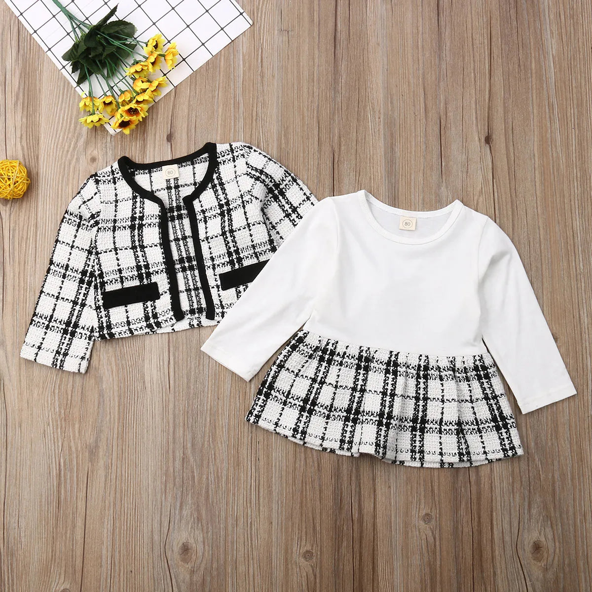 2Pcs Autumn Winter Party Kids Clothes For Baby Girl Fashion Pageant Plaid Coat Tutu Dress Outfits Suit Toddler Girl Clothing Set eprolo