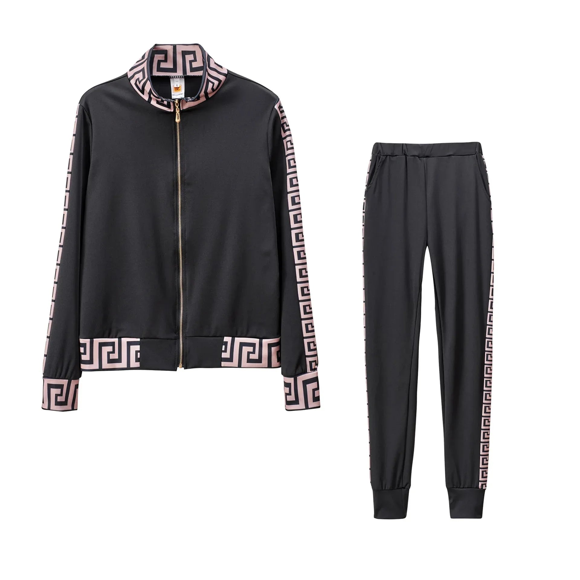 Y2K Greek Fret Print Tracksuit - Elegant 2-Piece Coat & Jogger Set (Plus Size Available) - Shello's Creative Boutique