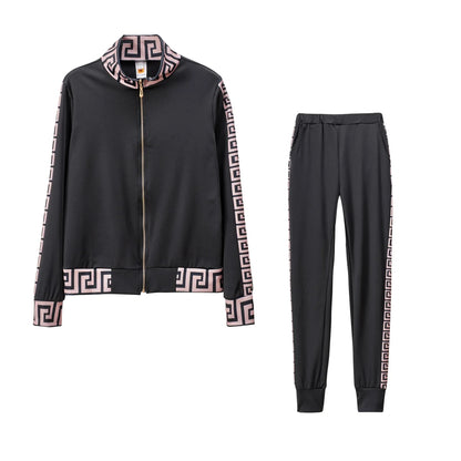 Y2K Greek Fret Print Tracksuit - Elegant 2-Piece Coat & Jogger Set (Plus Size Available) - Shello's Creative Boutique
