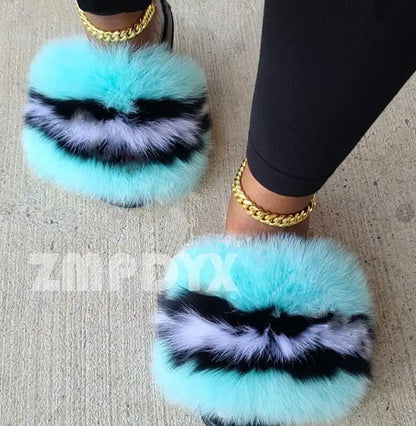 Women's Luxury Fluffy Fur Slippers - Indoor Warm Plush Flip Flops