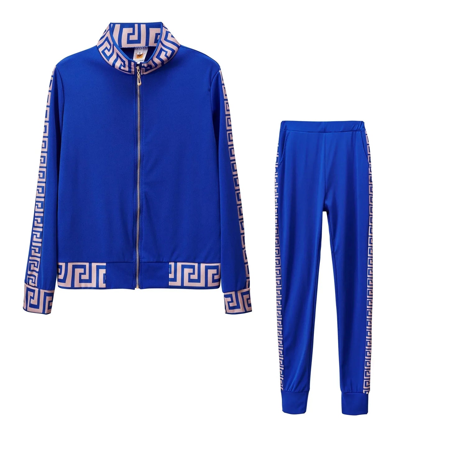 Y2K Greek Fret Print Tracksuit - Elegant 2-Piece Coat & Jogger Set (Plus Size Available) - Shello's Creative Boutique