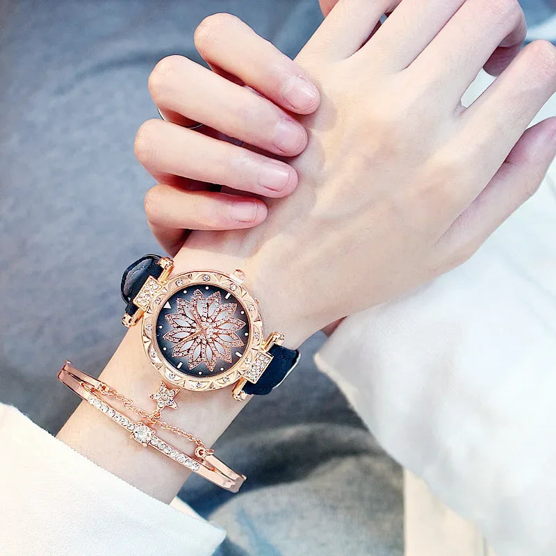 Women Starry Sky Watch Luxury Rose Gold Diamond Watches Ladies Casual Leather Band Quartz Wristwatch Female Clock zegarek damski - Shello's Creative Boutique