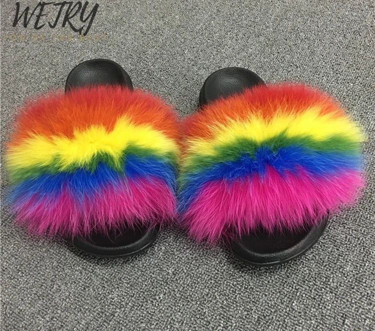 Women's Winter Fox Fur Slippers - Luxury Indoor Fluffy Slides