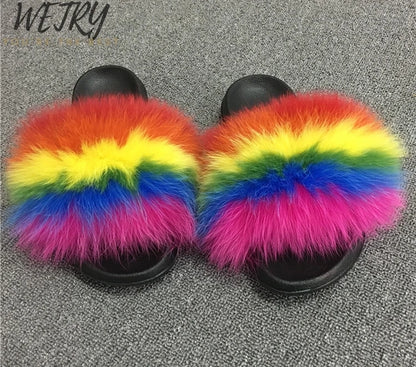 Women's Winter Fox Fur Slippers - Luxury Indoor Fluffy Slides