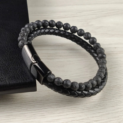 Men's Magnetic Volcanic Stone & Leather Charm Bracelet – Stainless Steel Beaded Bangle