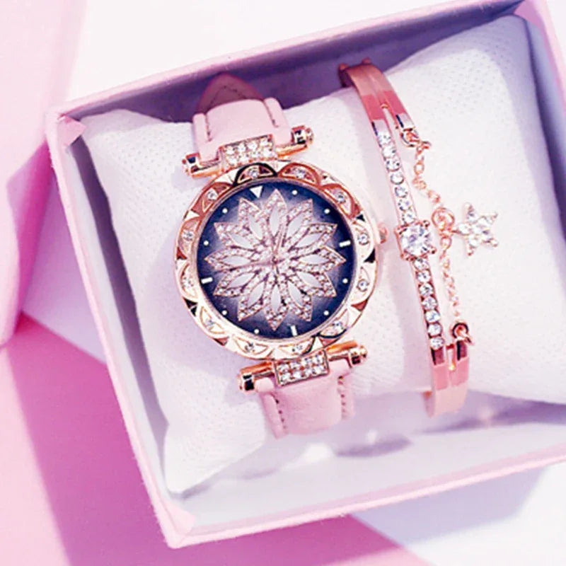 Women Starry Sky Watch Luxury Rose Gold Diamond Watches Ladies Casual Leather Band Quartz Wristwatch Female Clock zegarek damski - Shello's Creative Boutique