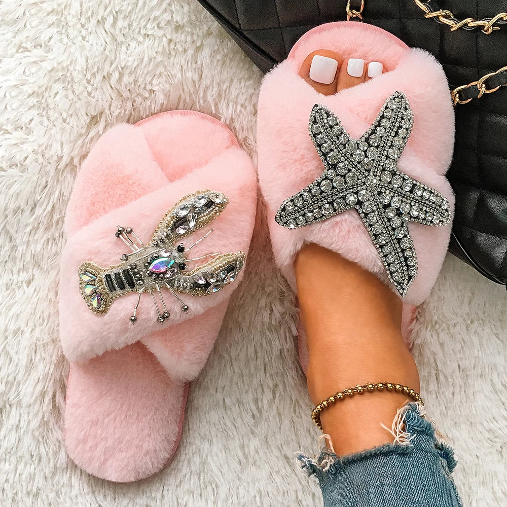 Women's Fur Slides - Fluffy Cross Strap Slippers with Starfish Lobster Decor - Shello's Creative Boutique