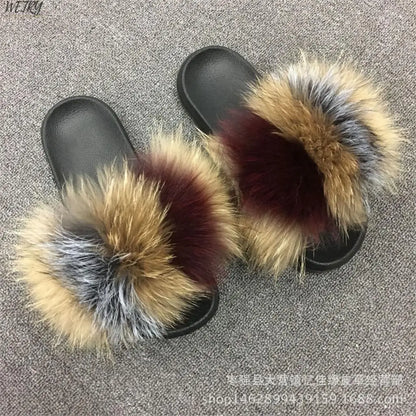Women's Winter Fox Fur Slippers - Luxury Indoor Fluffy Slides