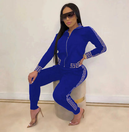 Y2K Greek Fret Print Tracksuit - Elegant 2-Piece Coat & Jogger Set (Plus Size Available) - Shello's Creative Boutique