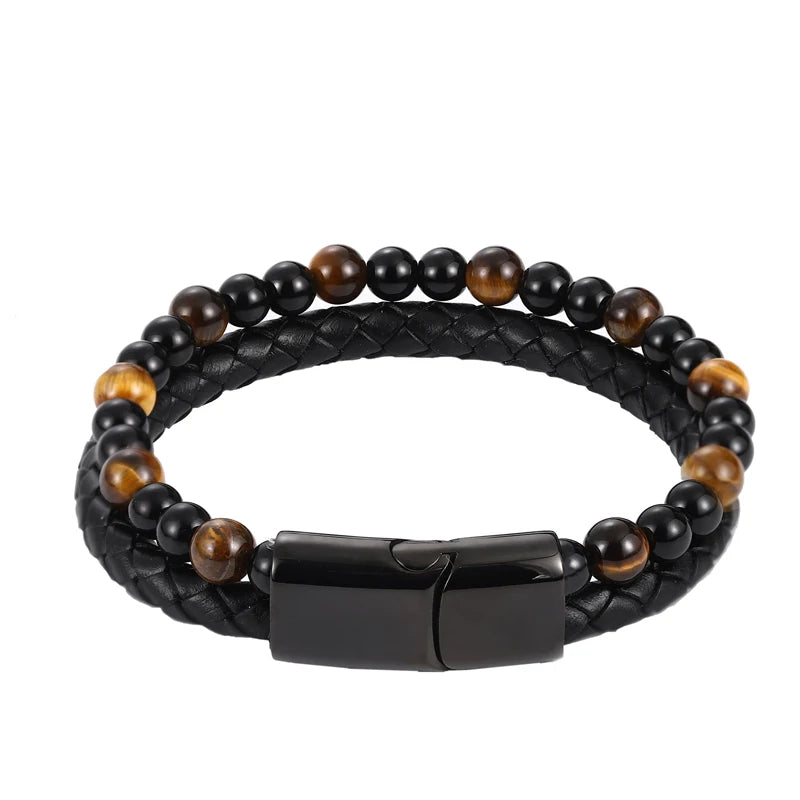 Men's Magnetic Volcanic Stone & Leather Charm Bracelet – Stainless Steel Beaded Bangle