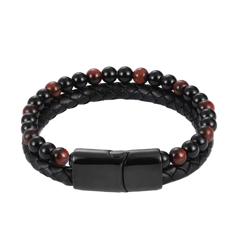 Men's Magnetic Volcanic Stone & Leather Charm Bracelet – Stainless Steel Beaded Bangle