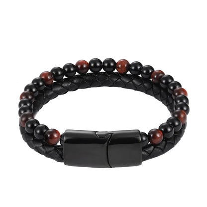 Men's Magnetic Volcanic Stone & Leather Charm Bracelet – Stainless Steel Beaded Bangle