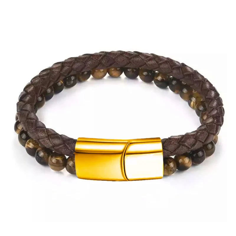 Men's Magnetic Volcanic Stone & Leather Charm Bracelet – Stainless Steel Beaded Bangle