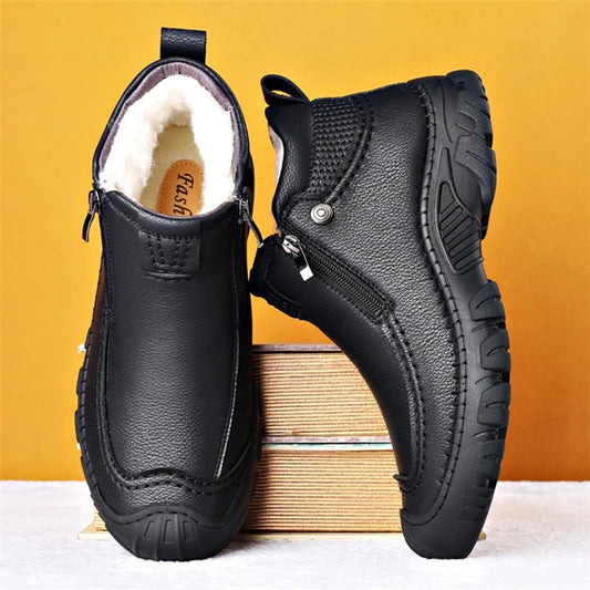 Men's black winter snow boots, ankle-high with zipper and thick tread outsole.