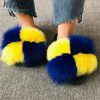 Women's Winter Fox Fur Slippers - Luxury Indoor Fluffy Slides - Shello's Creative Boutique