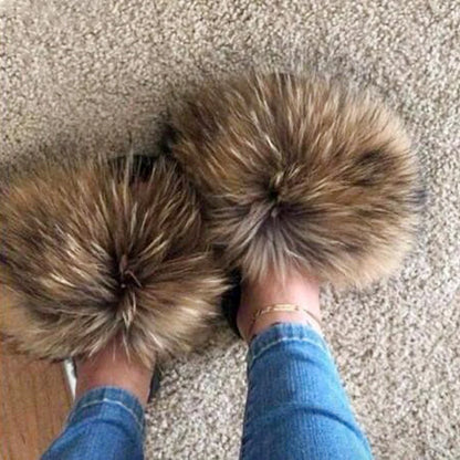 Women's Winter Fox Fur Slippers - Luxury Indoor Fluffy Slides