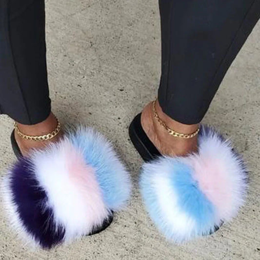 Women's Winter Fox Fur Slippers - Luxury Indoor Fluffy Slides