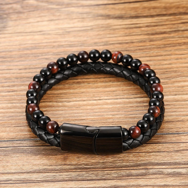 Men's Magnetic Volcanic Stone & Leather Charm Bracelet – Stainless Steel Beaded Bangle