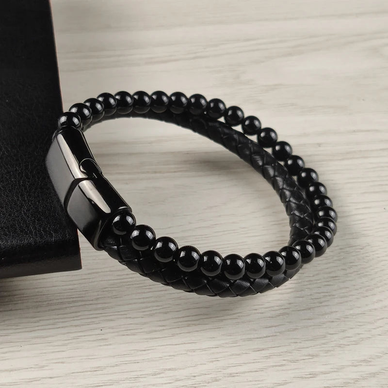 Men's Magnetic Volcanic Stone & Leather Charm Bracelet – Stainless Steel Beaded Bangle