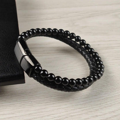 Men's Magnetic Volcanic Stone & Leather Charm Bracelet – Stainless Steel Beaded Bangle