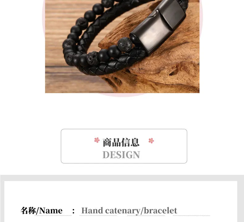Men's Magnetic Volcanic Stone & Leather Charm Bracelet – Stainless Steel Beaded Bangle